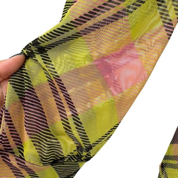 Ragged Priest Top Mesh Tunic Yellow Plaid Size S Long Sleeve Collared 1/4 Zip - Picture 4 of 9